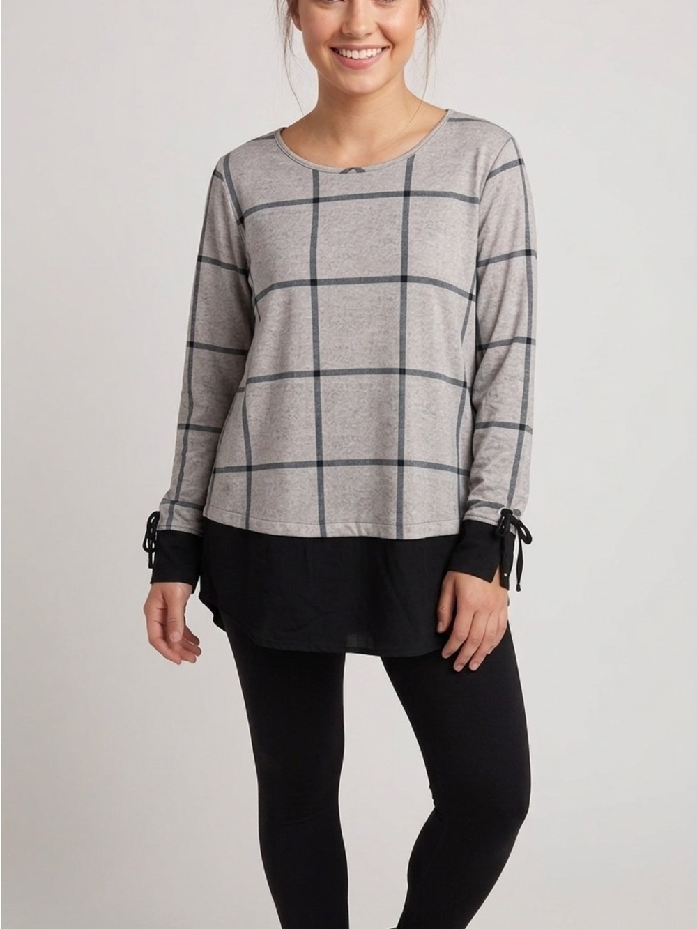 Gray Windowpane Long-Sleeve Top with Black Hem and Tie Cuffs